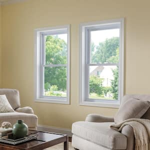 29.75 in. x 52.75 in. 70 Series Low-E Argon Glass Double Hung White Vinyl Fin with J Window, Screen Incl