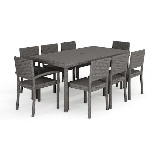 Bedford Gray Rattan Wicker 9-Piece Indoor-Outdoor Dining Set with 8 Stackable Dining Chairs and 70 in. Patio Table