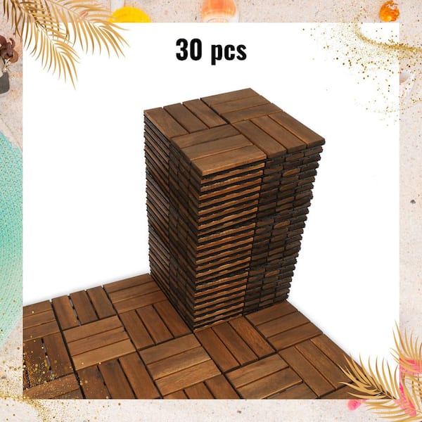 EPIPHANY DOUBLED INC 12 in. x 12 in. Solid Wood Interlocking Deck Tiles in Brown Outdoor Flooring for Patio, Bancony, Pool Side（30 PCS）