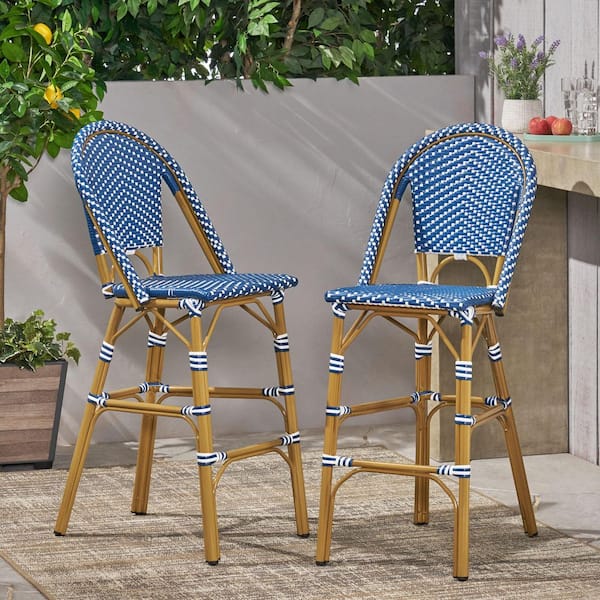Tenleaf 29.5" Dark Teal and White PE Rattan French Style Aluminum Frame with Bamboo Finish Outdoor Bar Stool (2-Pack)