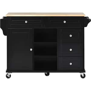 Black Rubber Wood Kitchen Cart with Storage and 5-Draws