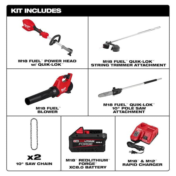M18 FUEL 18V 16 in. Brushless Cordless QUIK-LOK String Trimmer/Blower Combo Kit w/ Pole Saw Attachment, (2) Extra Chains