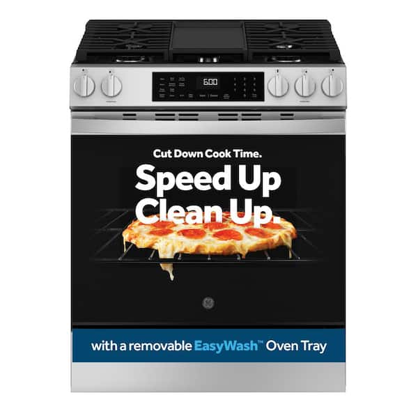 GE 30 in. 5-Burners Slide-In Smart Gas Convection Range in Stainless with EasyWash Oven Tray And No-Preheat Air Fry