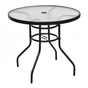 32 in. Black Round Metal Outdoor Dining Table with Umbrella Hole and Tempered Glass Top