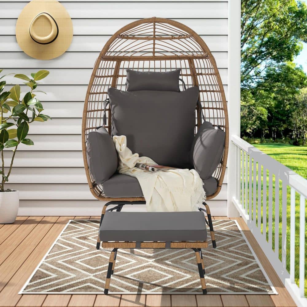 2 Piece Oversized Wicker Patio Swing Egg Chair w/ Ottoman Dark