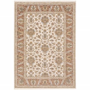 Rust and Ivory 3 ft. x 5 ft. Oriental Power Loom Stain Resistant Fringe with Area Rug