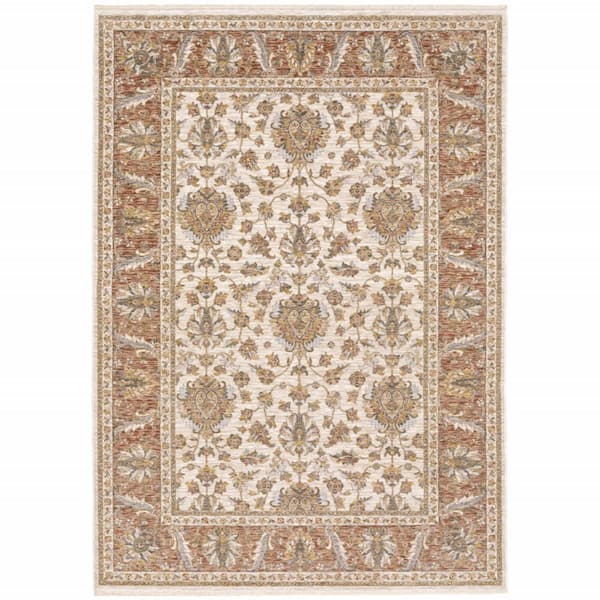 HomeRoots Rust and Ivory 3 ft. x 5 ft. Oriental Power Loom Stain Resistant Fringe with Area Rug