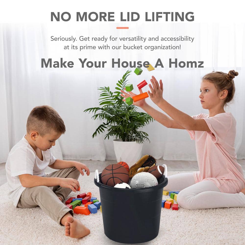 Set of 4 Black Large Plastic Utility Storage Buckets with Rope Handles