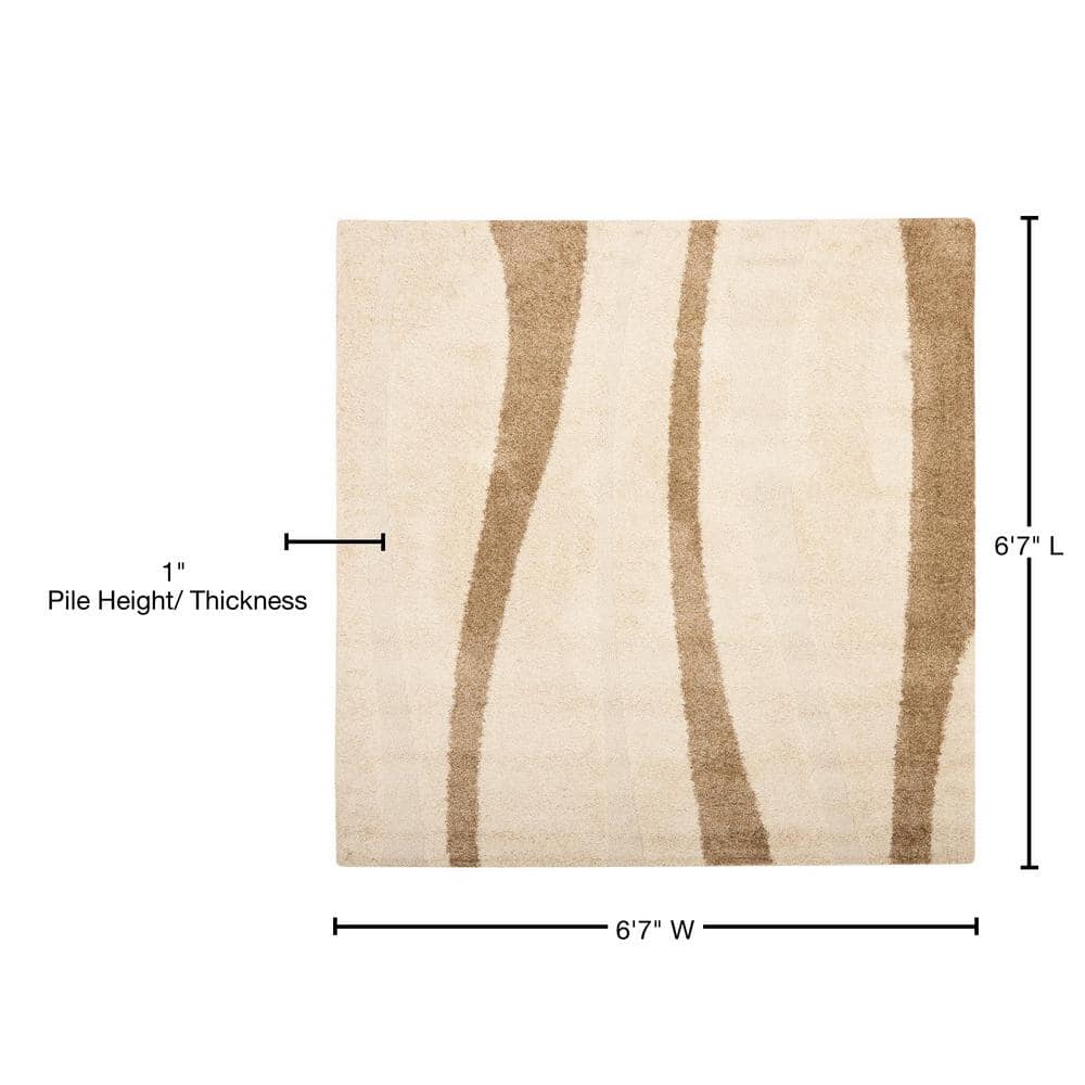 Cream and Dark Brown Square Shag Area Rug