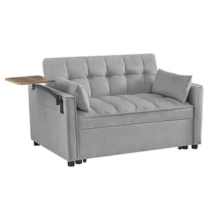 53 in. W 3-in-1 Convertible Velvet Sleeper Sofa Bed with 2 Pillows and Small Table, Gray, 2-Seater Loveseat