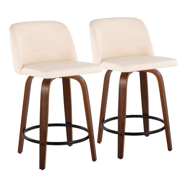 Lumisource Toriano 24.25 in. Cream Faux Leather, Walnut Wood and Black Metal Fixed-Height Counter Stool Set of 2