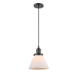 Cone 1-Light Oil Rubbed Bronze Matte White Shaded Pendant Light with Matte White Glass Shade