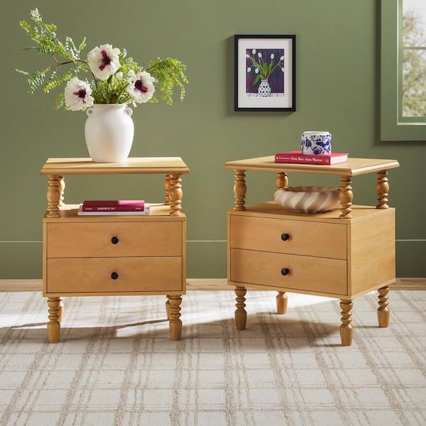 Walker Edison Furniture Company Modern Farmhouse Easy Assembly Natural 2-Drawer 22 in. W Solid Wood Spindle-Detailing Nightstand, Set of 2