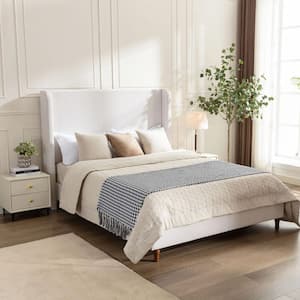 Milo Modern Ivory White Canvas Fabric Upholstered Wood Frame King Size Platform Bed with Wingback Headboard