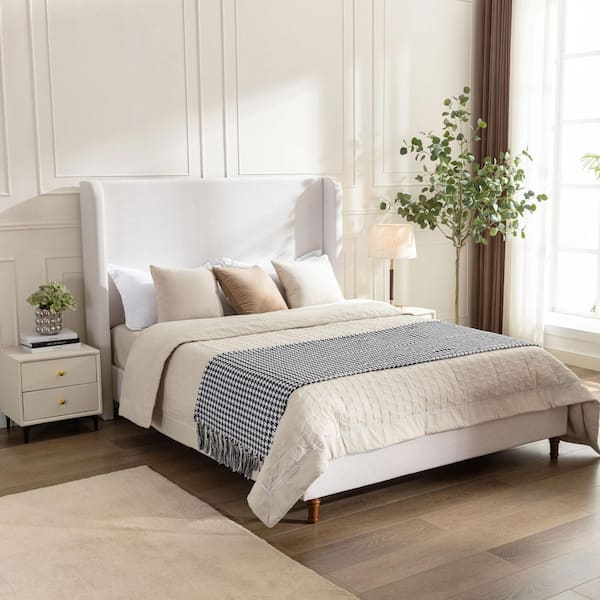 Noble House Milo Modern Ivory White Canvas Fabric Upholstered Wood Frame King Size Platform Bed with Wingback Headboard