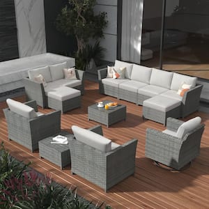 Denali Gray 13-Piece Wicker Patio Conversation Sectional Sofa Set with Black Cushions and Swivel Rocking Chair