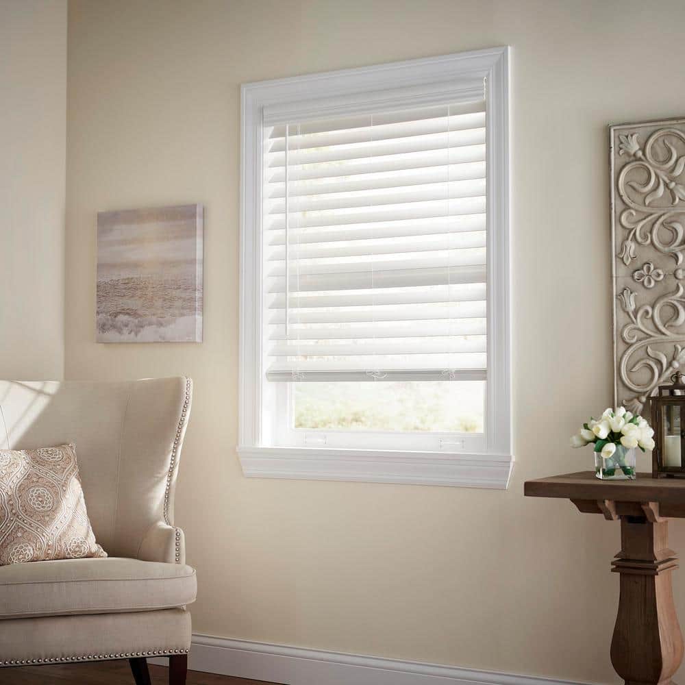 white cordless premium faux wood blinds with 2.5 in. slats - 36.5 in. w x 48 in. l (actual size 36 in. w x 48 in. l)