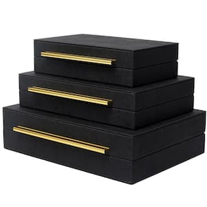 Black Faux Leather Decorative Box with Lid 3-Pack
