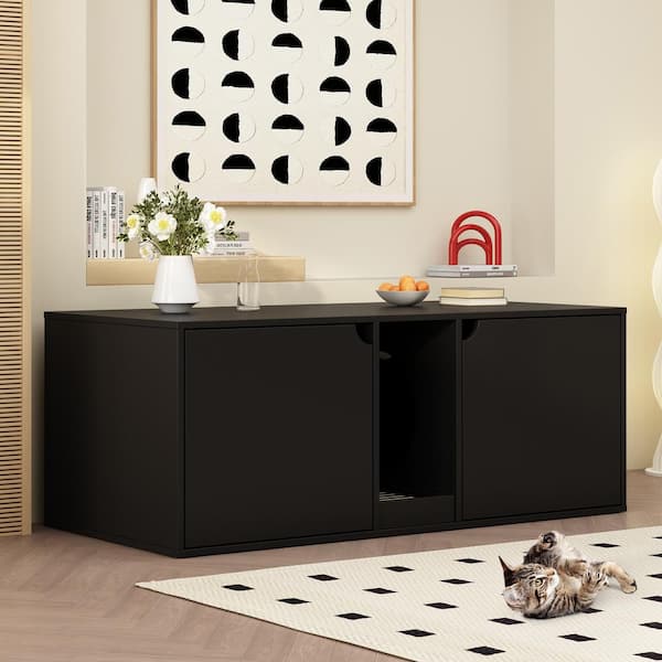 FUFU&GAGA Cat Litter Box Enclosure for 2 Cats, Wood Stackable Cat Washroom Storage Bench End Table Furniture, Black