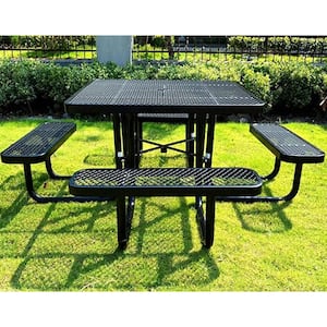 46 in. Square Coated Steel Heavy Duty Outdoor Picnic Table in Black with Seat for 4-6 People and Umbrella Hole