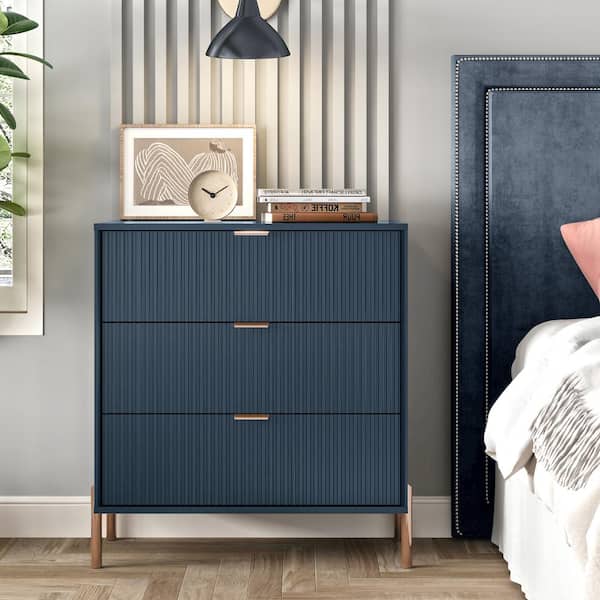 FESTIVO Modern Accent Navy 3-Drawers 28 in. Wide Nightstand with Stylish Rose Gold Metal Handle