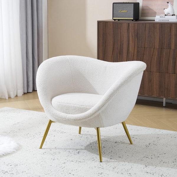 Eryndor Cream White Modern Upholstered Teddy Arm Chair with Gold Metal Legs