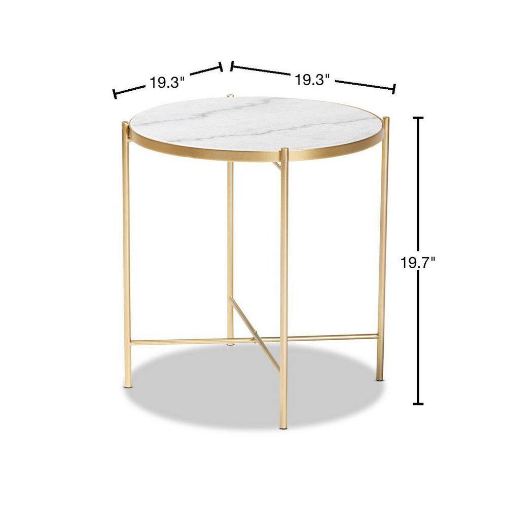 Maddock 19.3" Round White Marble and Gold Metal End Table