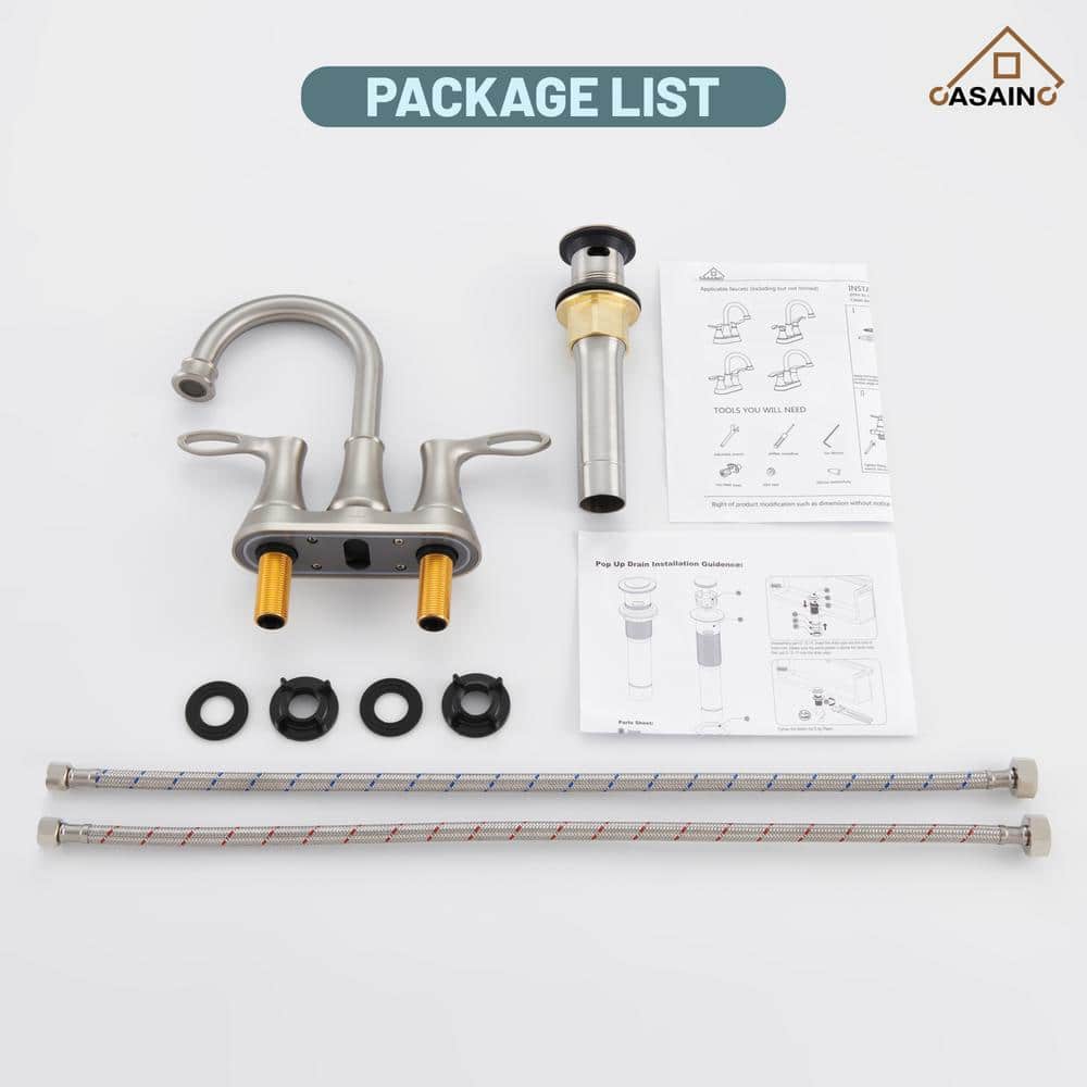 Brushed Nickel Dual Handle High Arc Bathroom Faucet with Metal Drain