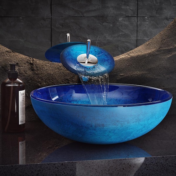 Swiss Madison Cascade Ocean Blue Glass Round Vessel Sink with Faucet