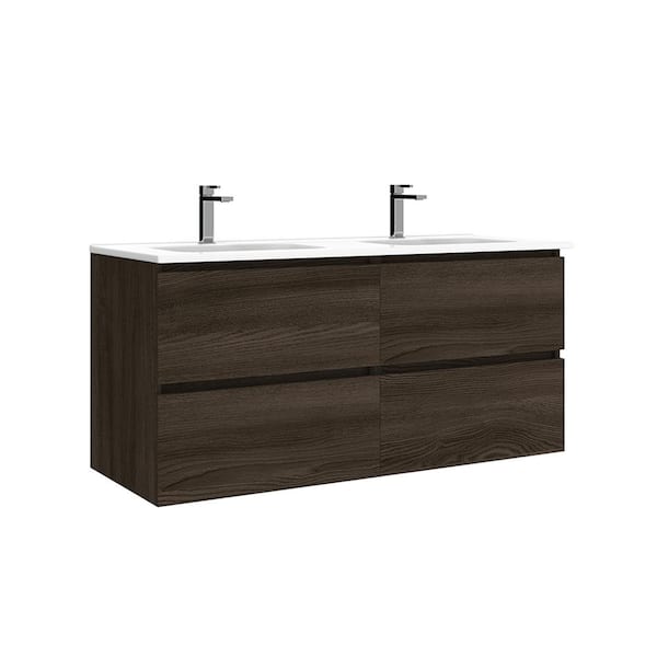 WS Bath Collections Flora 47.6 in. W x 18.1 in. D x 22.2 in. H Double Sink Wall Mounted Bath Vanity in Wenge with White Ceramic Top