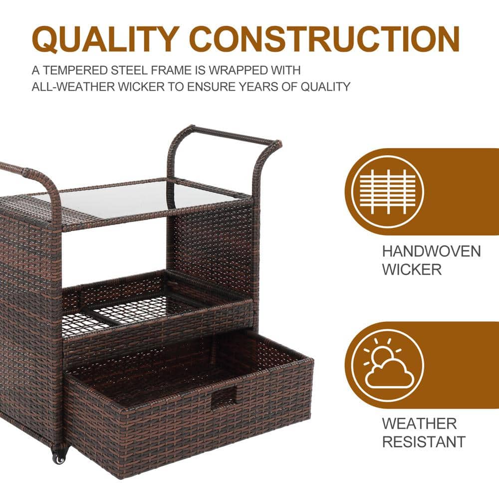 Multi-Brown Wicker and Iron Indoor Bar Cart with Storage