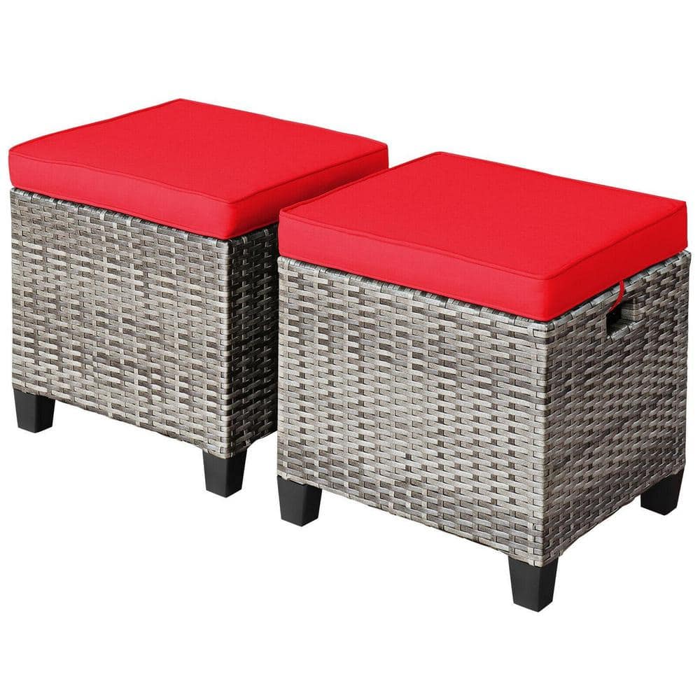 Mix Gray Wicker Outdoor Ottoman with Red Cushions, 2 Pack