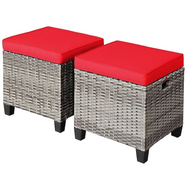 Unbranded Mix Gray Wicker Outdoor Ottoman with Red Cushions, 2 Pack