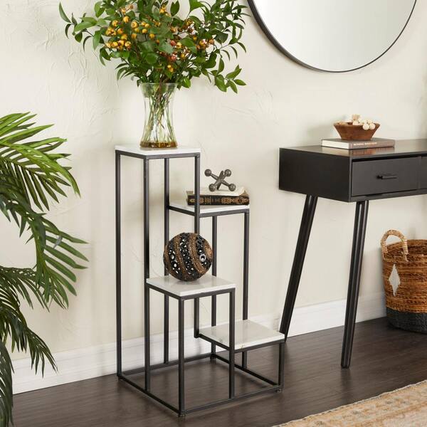 Litton Lane 31 in. White Marble 4 Tier Plantstand