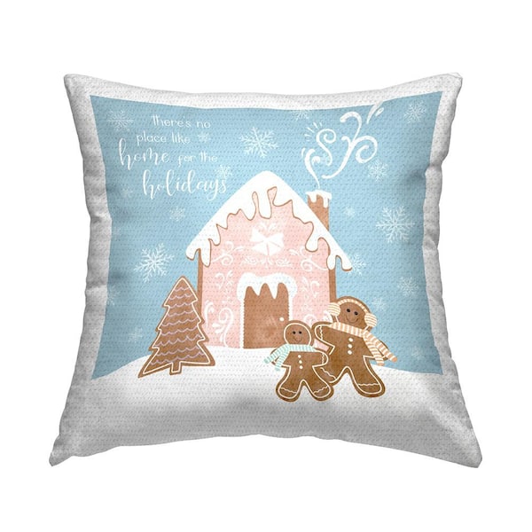 Holiday Gingerbread Family Blue Square Outdoor Throw Pillow