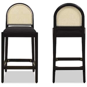 Panama 26.5 in. Ebony Black Boucle Modern Curved Mid Back Cane Rattan Kitchen Counter Height Bar Stool Set of 2