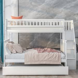White Twin Over Full Kids Bunk Beds with Trundle and Stair, Detachable Wood Bunk Bed with Full-Length Guardrail