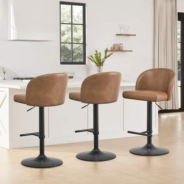 Levi Camel/Black Gas Lift Adjustable Swivel Counter Stool with Upholstered Backrest for Kitchen or Home Bar (Set of 3)