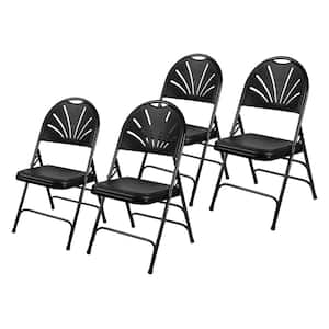 Lusitano Fan Back Black Plastic Card Table Folding Chair With Hrd Plastic Seat, Black Metal Frame (Pack of 4)