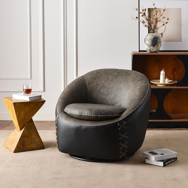 32.3 in. W Gray Top-Grain Genuine Leather Upholstered Swivel Barrel Chair Set of 1