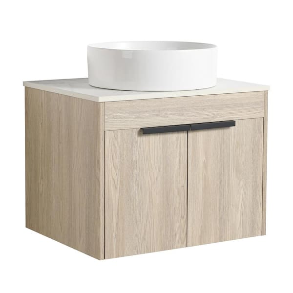 WELLFOR 24 in. W x 23 in. D x 19 in. H Single Sink Wall Mounted Bath Vanity in Oak with White Ceramic Top