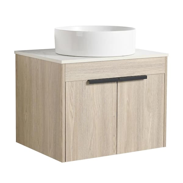 24 in. W x 23 in. D x 19 in. H Single Sink Wall Mounted Bath Vanity in Oak with White Ceramic Top