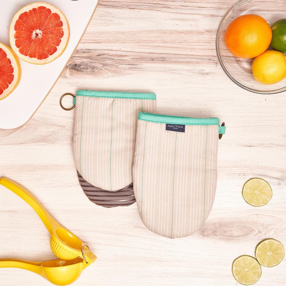 Beige Striped Cotton Mini Oven Mitts with Silicone Palm Set