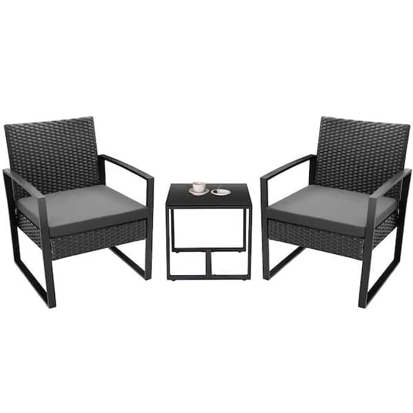 Tozey 3-Piece Black Steel Outdoor Wicker Patio Furniture Sets Outdoor Bistro Set with Gray Cushion