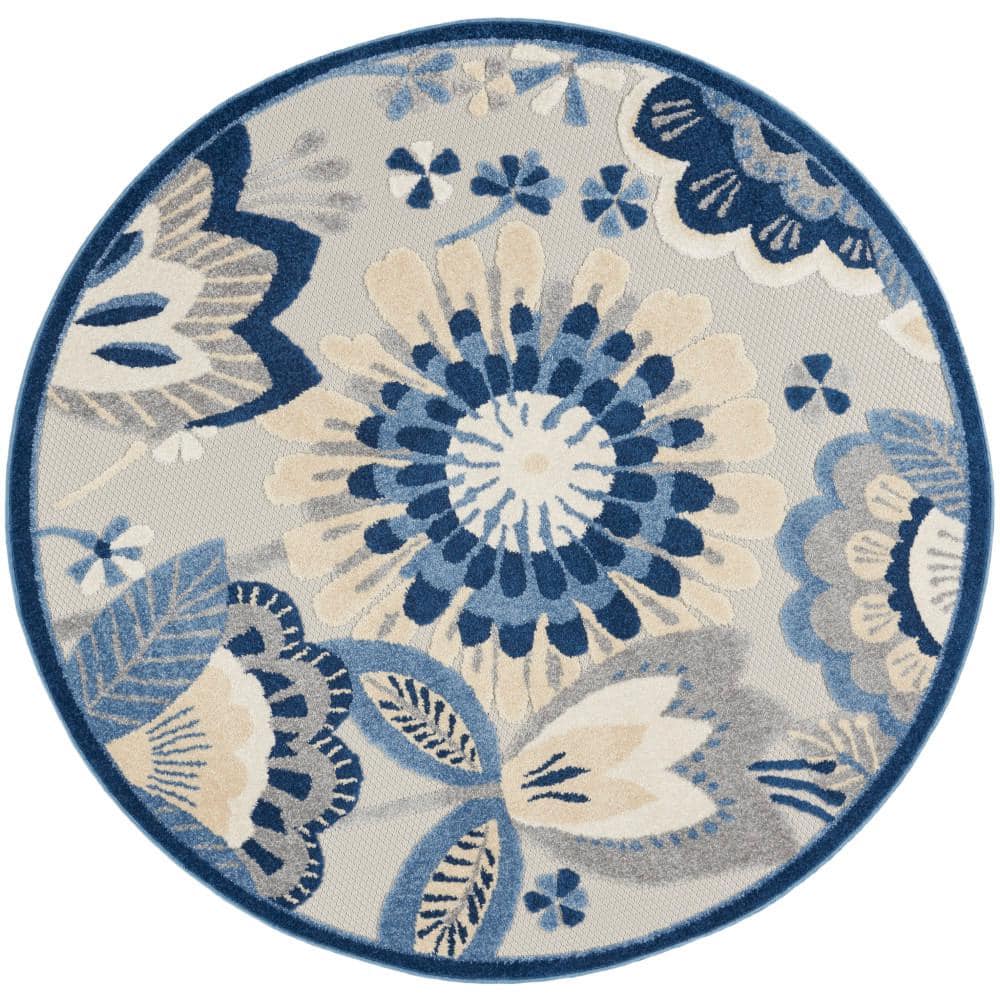 Nuu Garden Blue and White 5 ft. Round Moroccan Polypropylene Waterproof Fade Resistant Indoor/Outdoor Area Rug