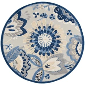 Aloha Blue/Gray 5 ft. x 5 ft. Round Floral Contemporary Indoor/Outdoor Patio Area Rug