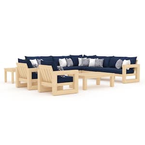 Benson 9-Piece Wood Patio Sectional Seating Set with Sunbrella Navy Blue Cushions