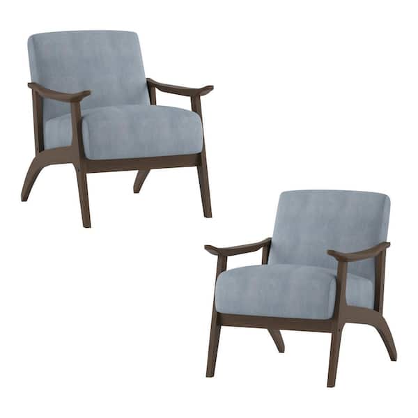 EVERGLADE HOME Lonita Blue Gray Velvet Upholstered Solid Wood Walnut Finish Accent Chair (Set of 2)