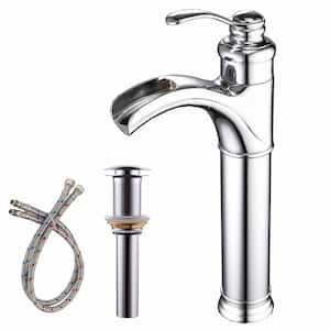 Single Handle Waterfall Bathroom Vessel Sink Faucet with Pop-Up Drain Single Hole Tall Bathroom Taps in Polished Chrome