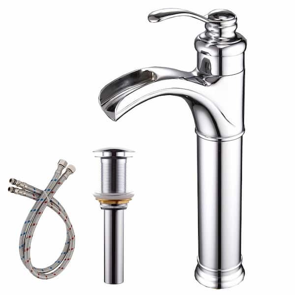 Unbranded Single Handle Waterfall Bathroom Vessel Sink Faucet with Pop-Up Drain Single Hole Tall Bathroom Taps in Polished Chrome